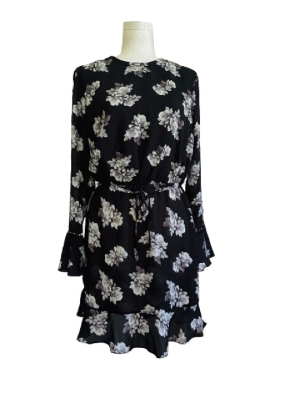 Lumiere Dress Black Gray Floral Tie-Detail Ruffled Long Sleeve Dress Small NEW